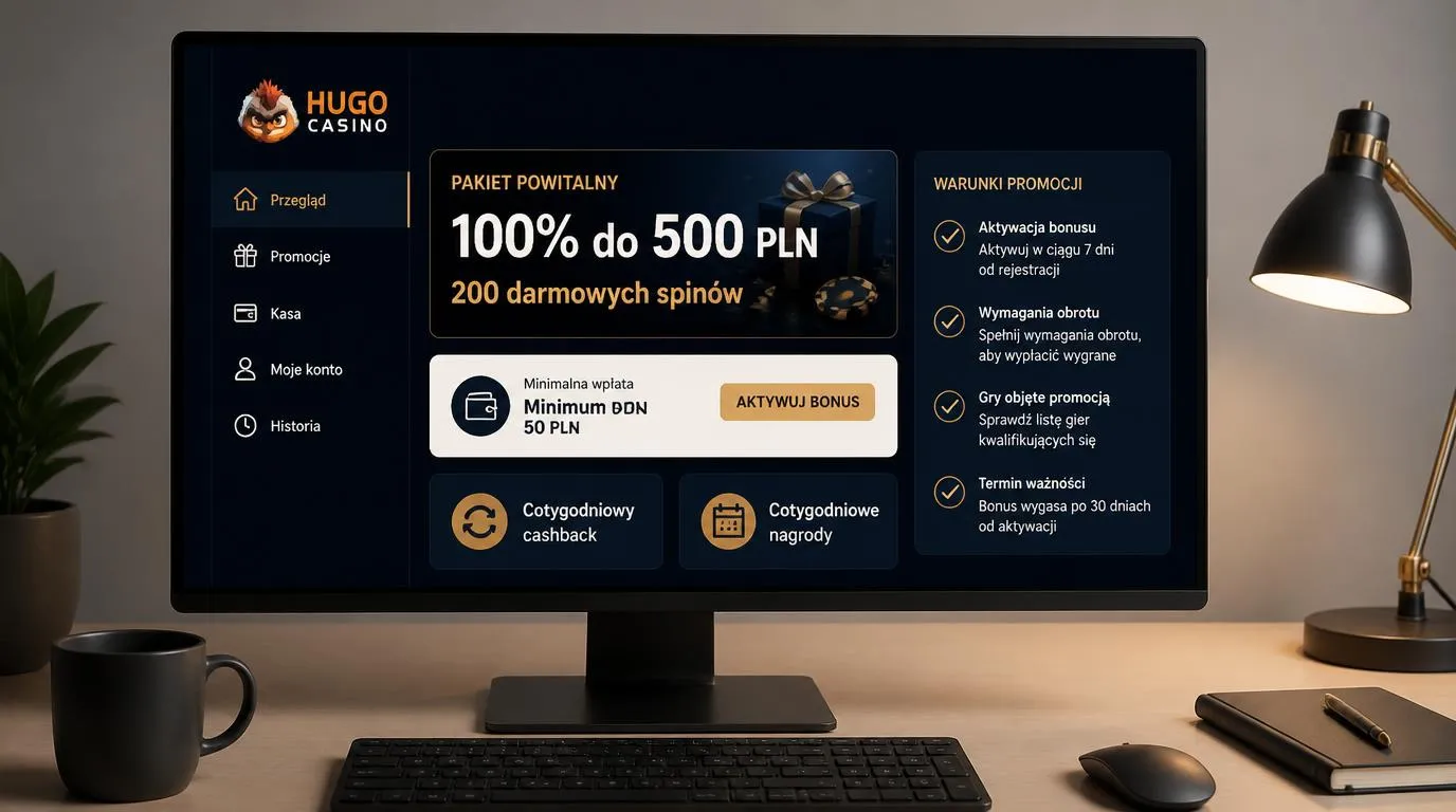 Panel oferty powitalnej z bonusem 100% do 500 PLN, 200 darmowymi spinami i minimalnym depozytem 50 PLN