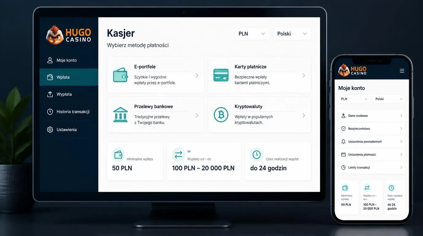 Panel kasy z wyborem kart, portfeli i kryptowalut oraz ustawieniami języka polskiego i waluty PLN