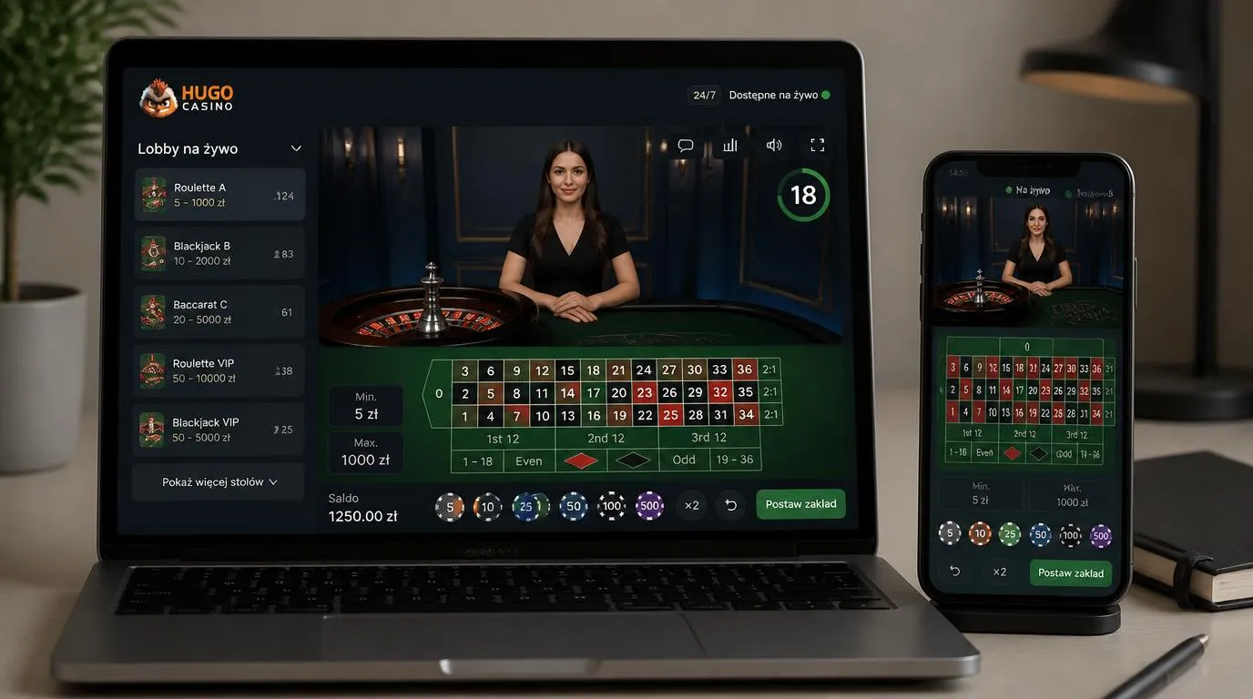 Lobby kasyna na żywo na laptopie i telefonie z widocznymi limitami stawek oraz transmisją krupiera
